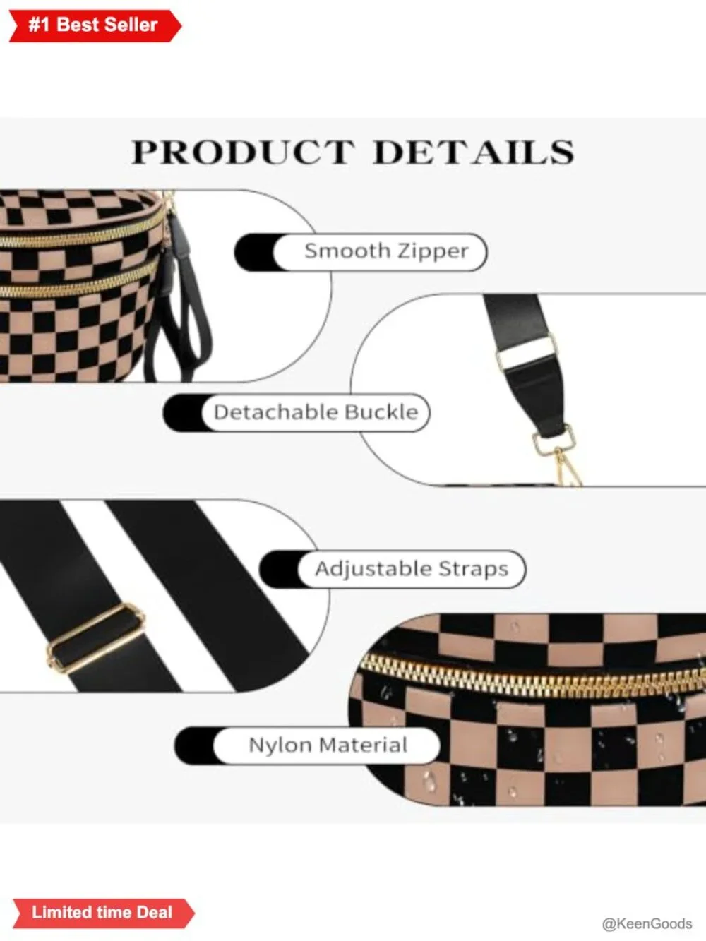 Nylon Crossbody Bum Bag Spacious Fanny Pack Adjustable Strap 3-in-1